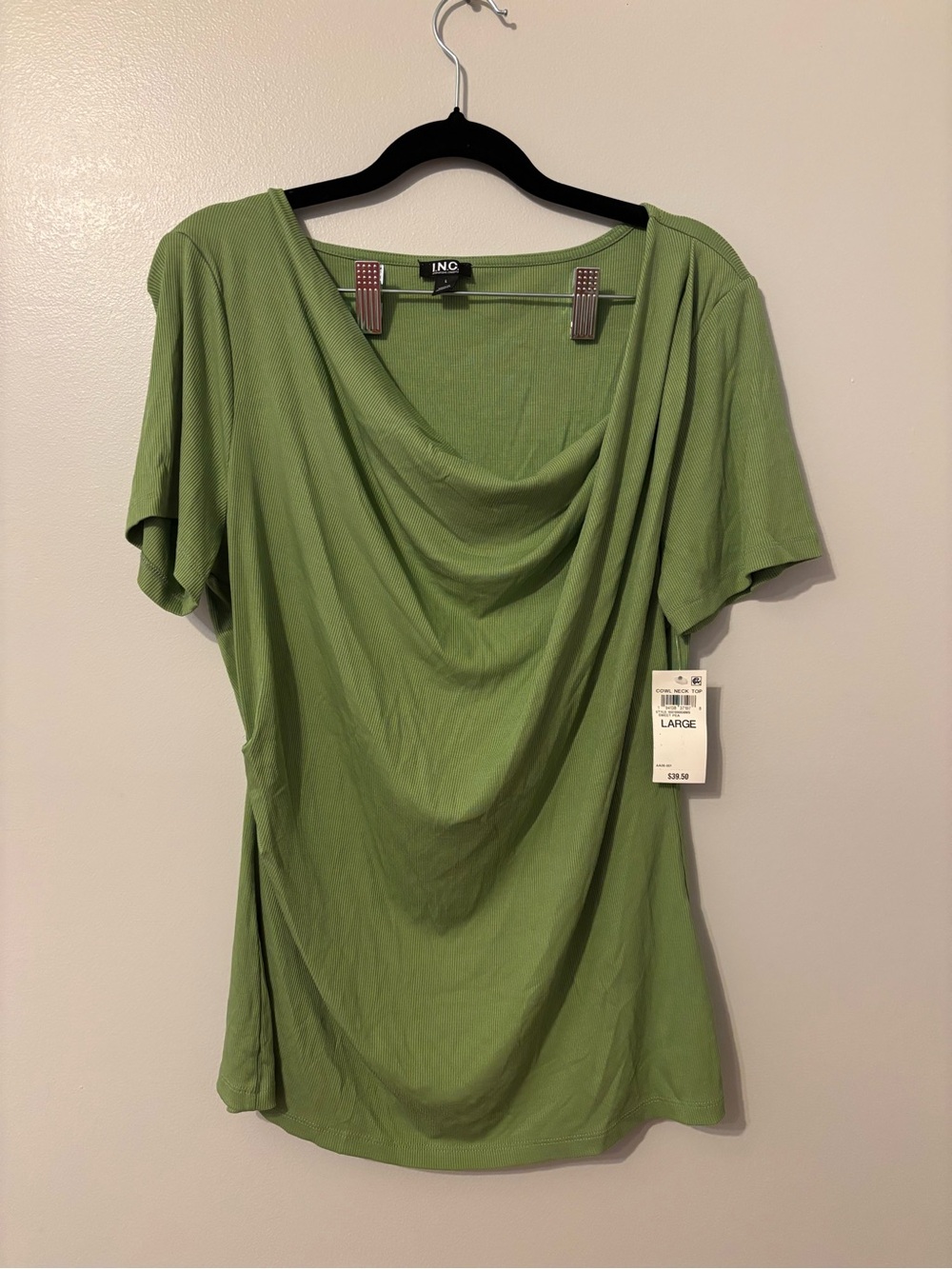 INC International Concepts Olive Draped Neck Short Sleeve Top